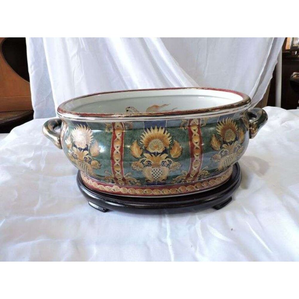 vtg. chinese hand painted and Gilt porcelain footbath with floral motifs